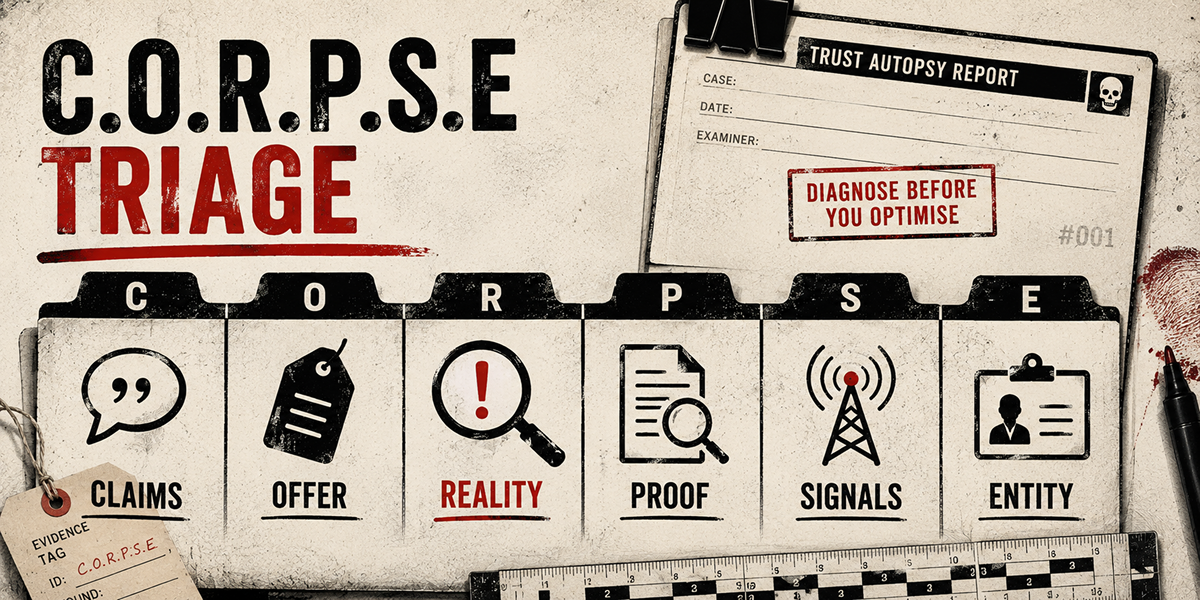 Graphic showing the C.O.R.P.S.E Triage framework across claims, offer, reality, proof, signals and entity