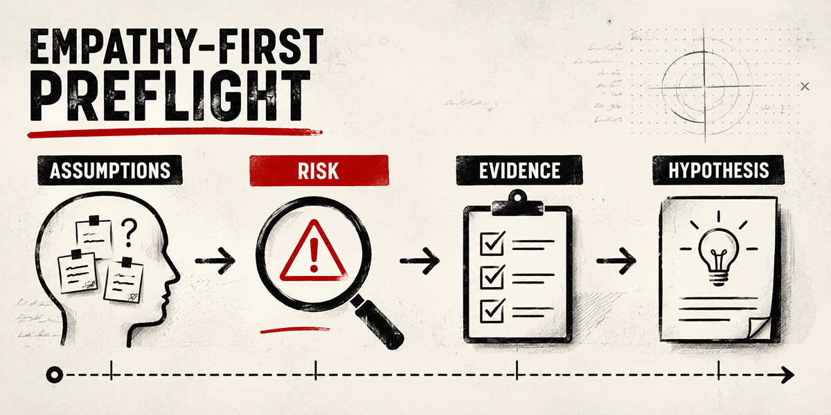 Graphic showing the Empathy-First Experiments framework moving from assumptions to risk, evidence and hypothesis