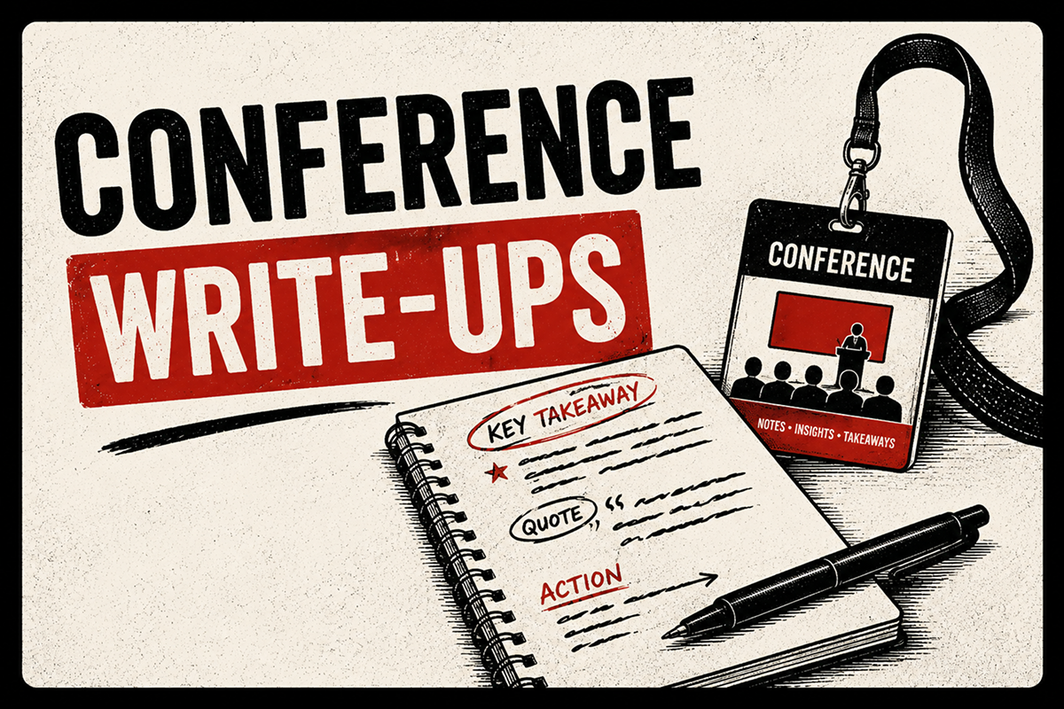 Retro-style Conference Write-ups thumbnail showing a conference badge, notebook and pen.