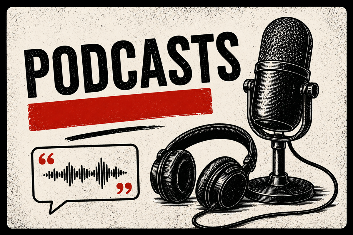 Retro-style Podcasts thumbnail showing a vintage microphone, headphones and audio waveform.