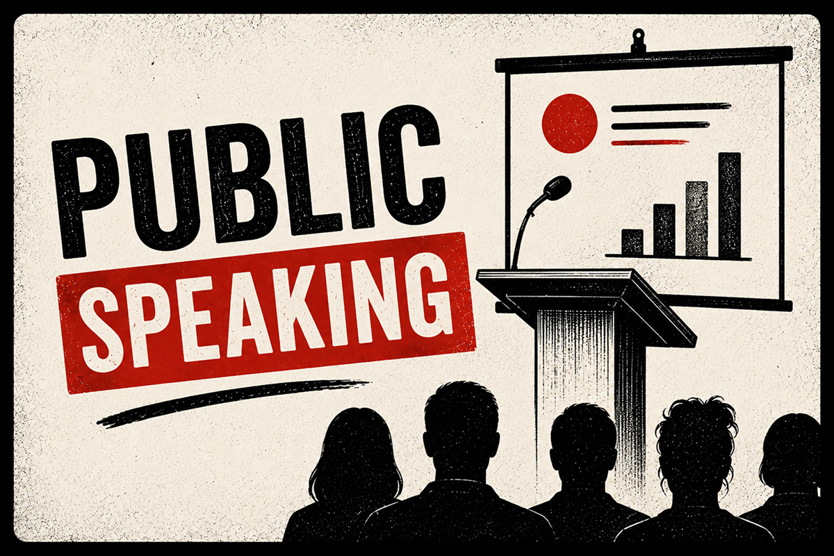 Retro-style Public Speaking thumbnail showing a podium, microphone, audience and presentation screen.