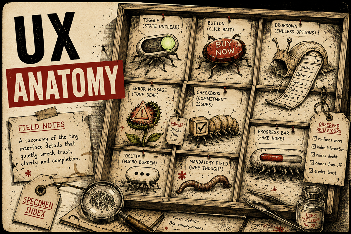 Illustrated UX Anatomy thumbnail showing a specimen drawer of strange interface creatures including a toggle, button, dropdown, error message and progress bar.