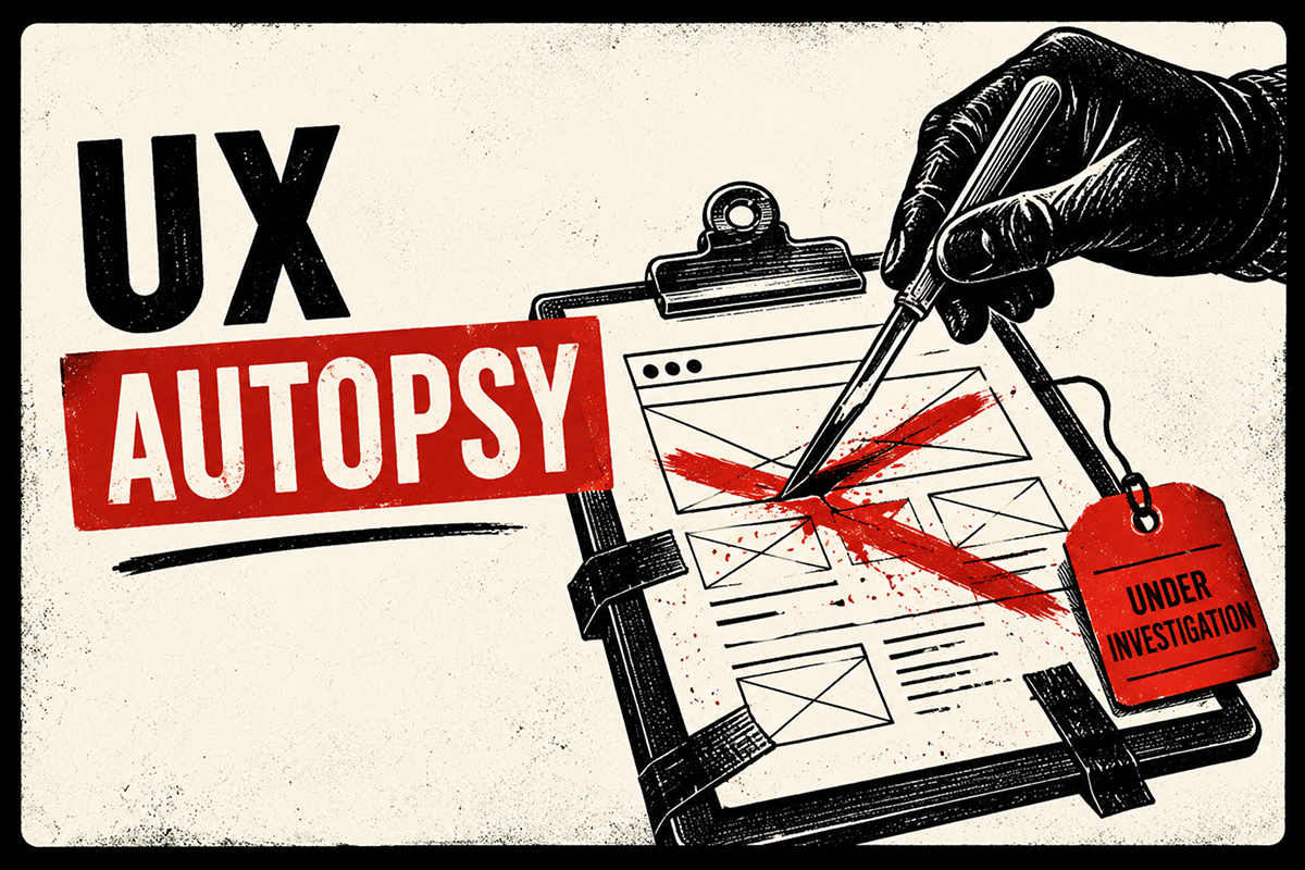 Retro-style UX Autopsy thumbnail showing a gloved hand dissecting a website wireframe with a scalpel.
