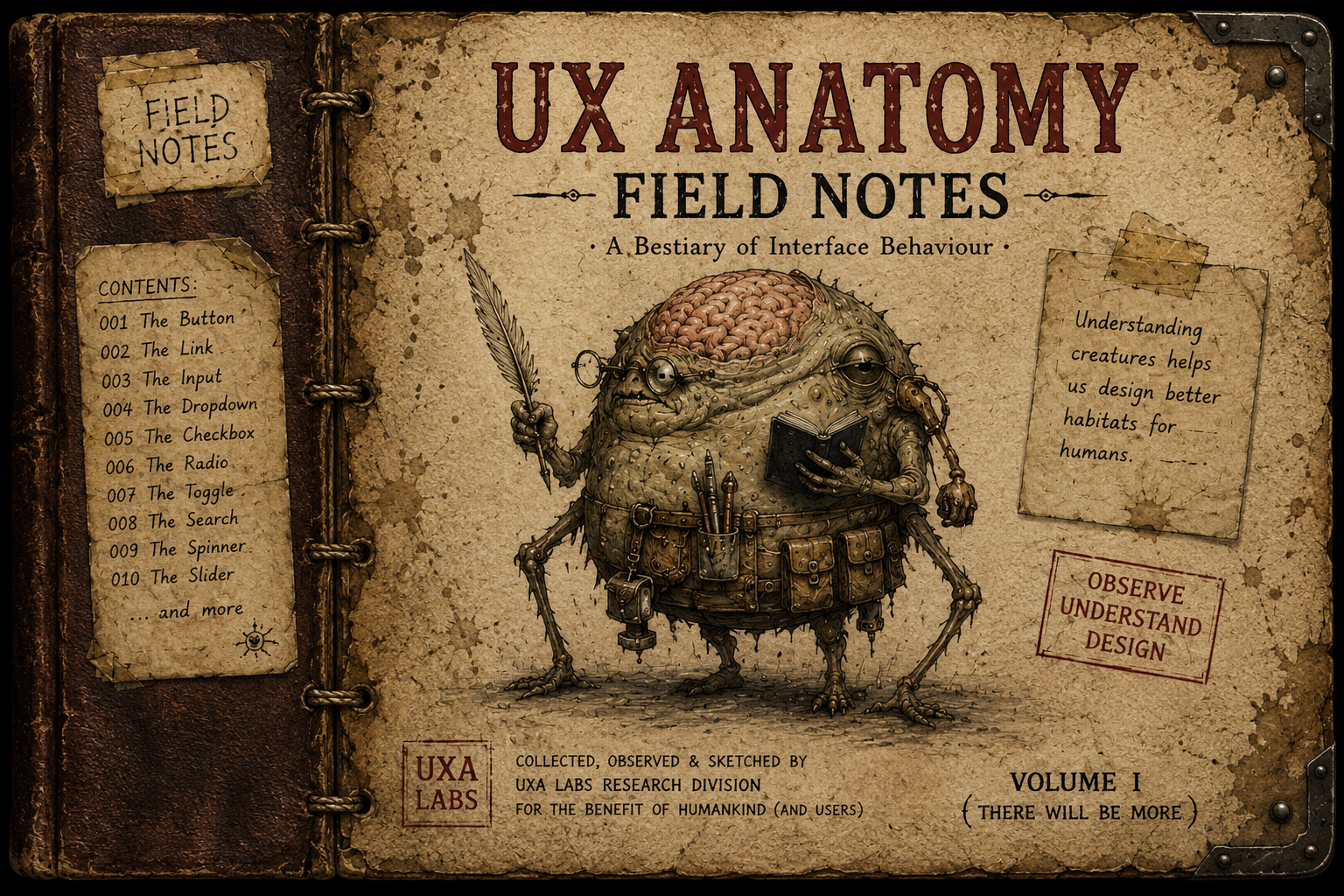 UX Anatomy Field Notes book cover showing an aged field notebook, specimen index, and illustrated interface creature.
