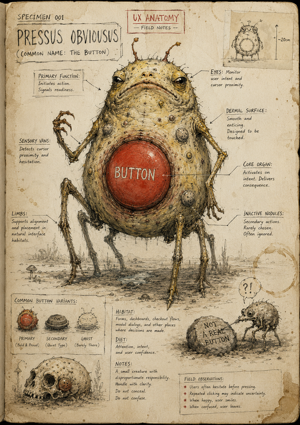 Field notes style illustration of Pressus Obviousus, a button-like interface creature with a large red button organ and handwritten UX anatomy annotations.