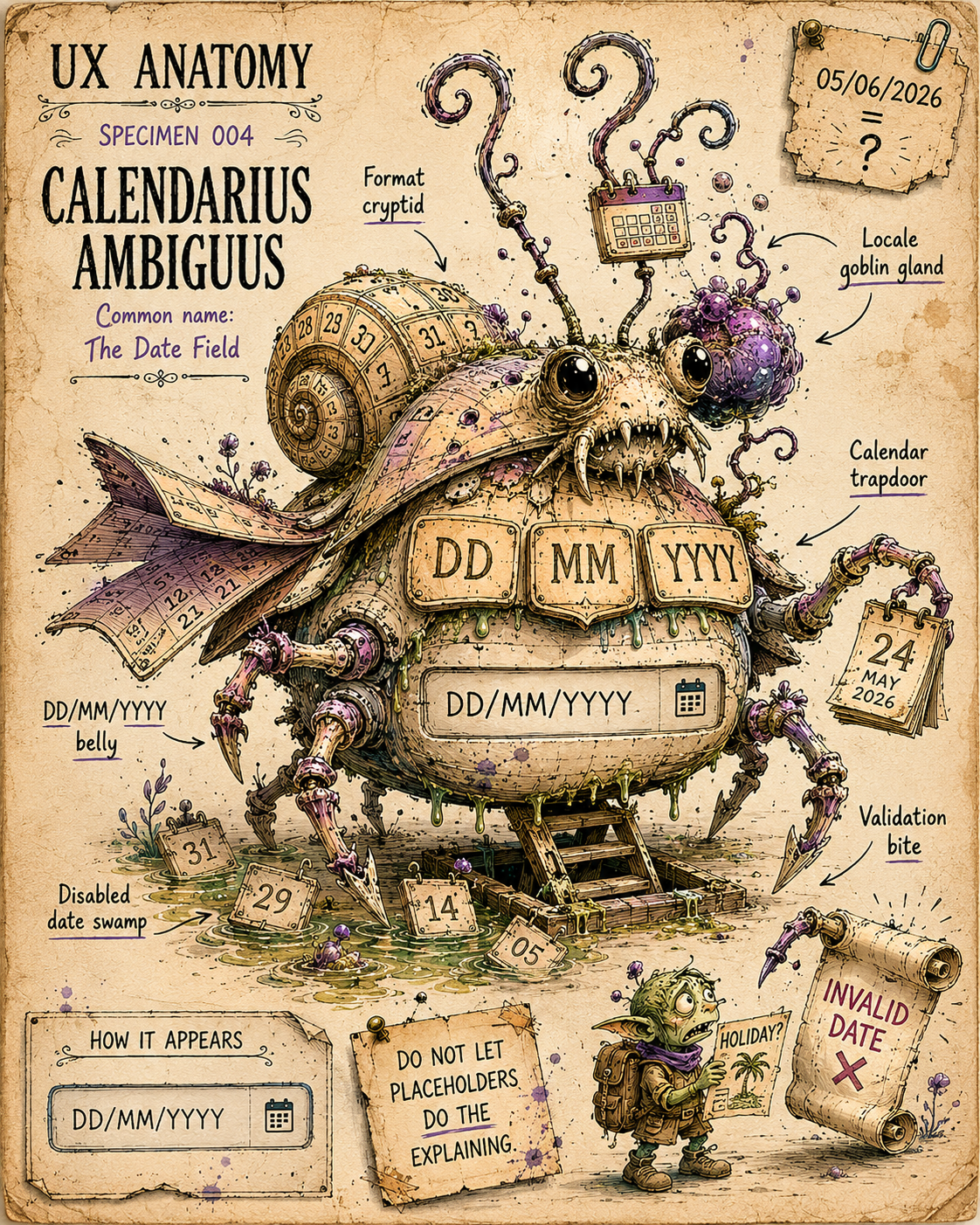 Illustrated UX Anatomy field-note page showing Calendarius Ambiguus, a crab-snail-calendar creature representing the date field. Its body includes a DD/MM/YYYY input, date-segment plates, a calendar shell, a calendar trapdoor, disabled date tiles, and notes about format ambiguity, locale confusion and validation errors.