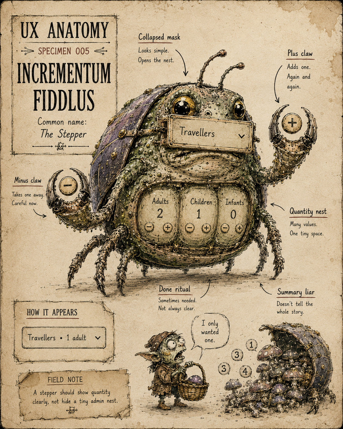 Illustrated UX Anatomy field-note page showing Incrementum Fiddlus, a squat toad-beetle creature representing the stepper or quantity selector. It has a collapsed Travellers field mask, plus and minus claws, quantity chambers for adults, children and infants, and a small visual gag where a user-creature says “I only wanted one” as quantities multiply.