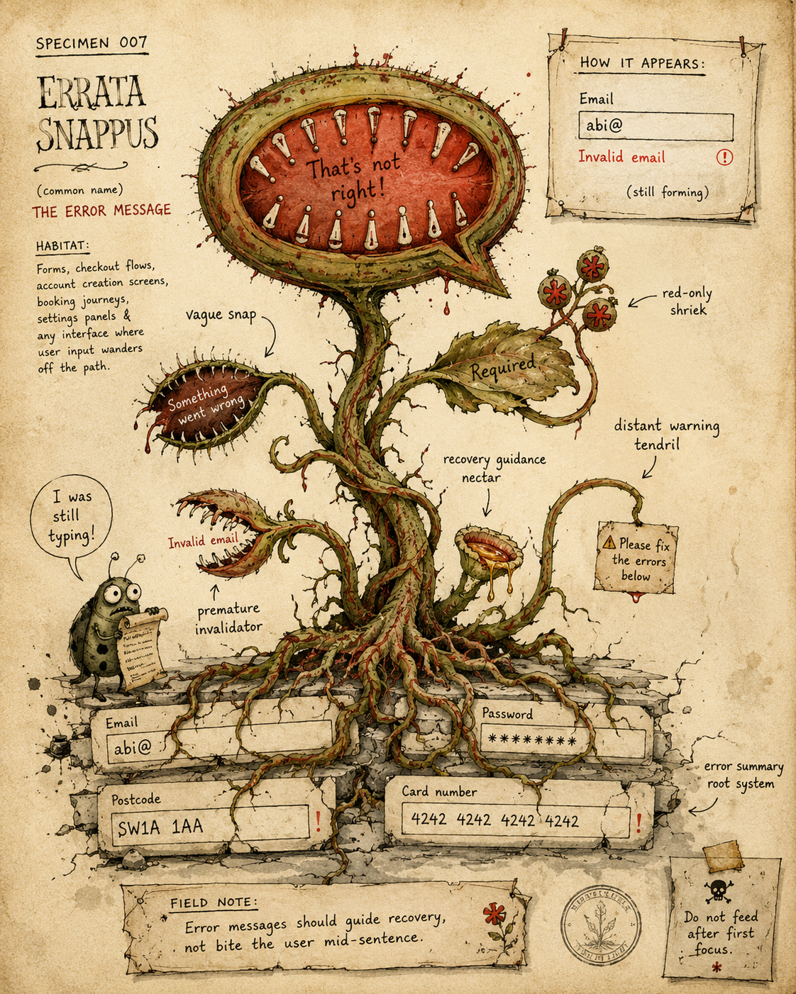 Illustrated UX Anatomy field-note page showing Errata Snappus, a carnivorous Venus-flytrap-like creature representing the error message. It grows from cracked form fields, with a speech-bubble trap head, red warning mouth, exclamation-mark teeth, tangled validation roots, a premature invalidator trap snapping at half-typed input, and notes about vague errors, red-only warnings, distant messages and recovery guidance.