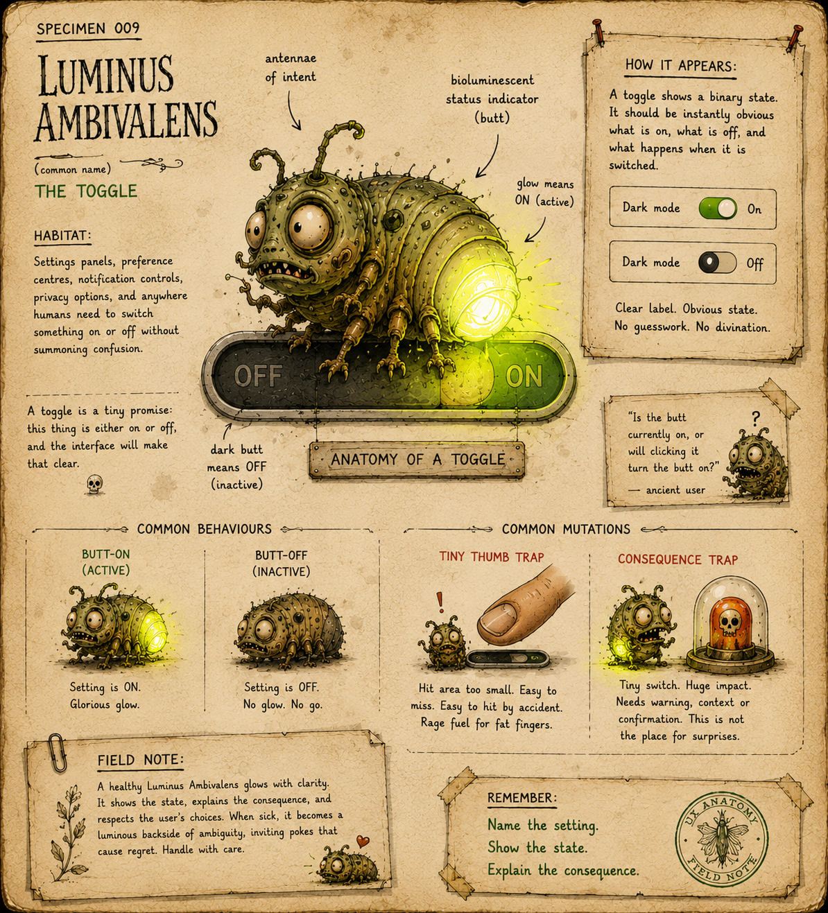 Illustrated UX Anatomy field-note page showing Luminus Ambivalens, a glow-bug creature representing the toggle. The bug sits on an on-off switch with a bioluminescent backside showing the active state, with notes about butt-on, butt-off, clear labels, obvious state, the tiny thumb trap, the consequence trap, and the ambiguity of whether clicking the glowing butt turns it on or off.