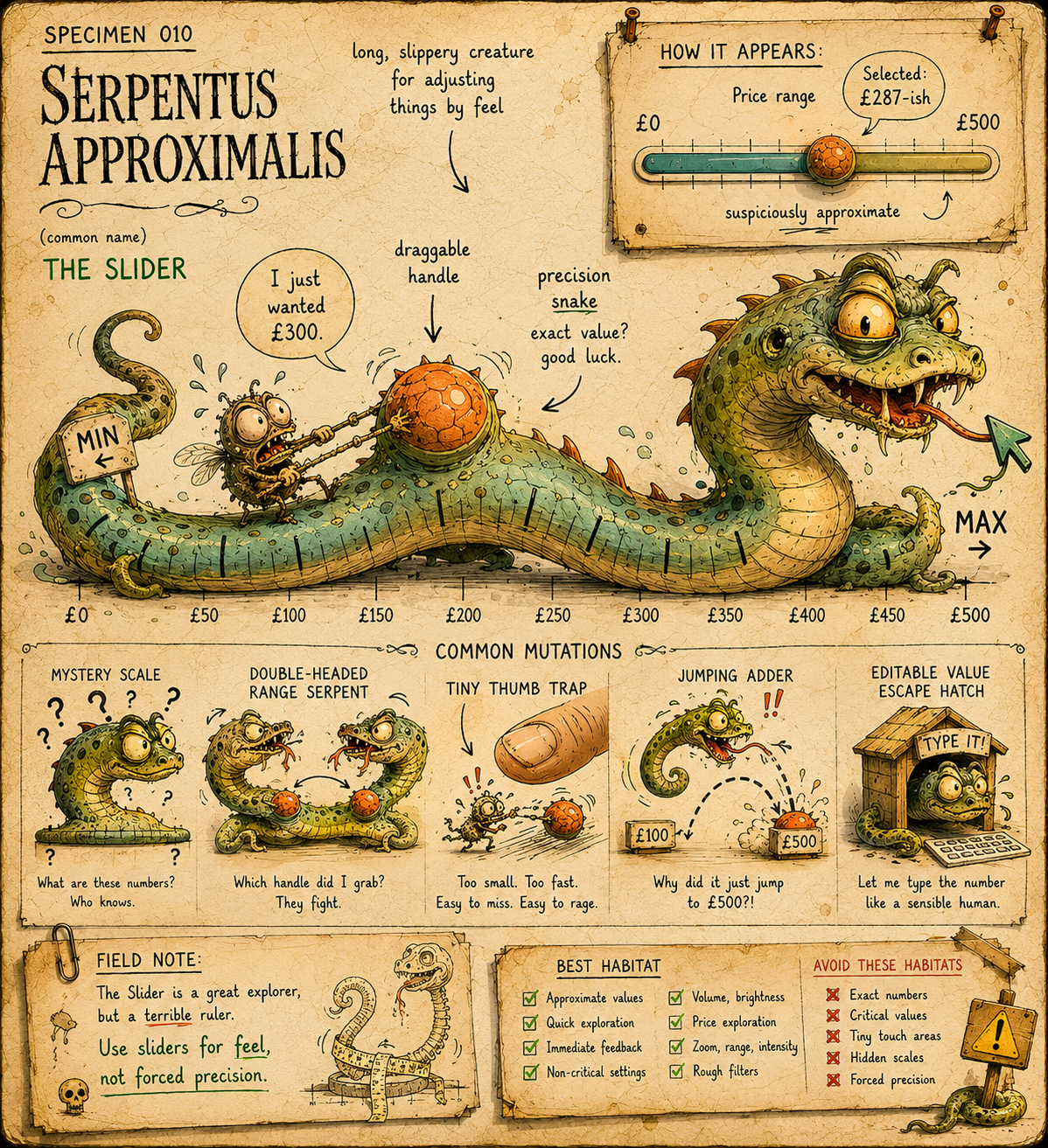 Illustrated UX Anatomy field-note page showing Serpentus Approximalis, a long snake creature representing the slider. Its body forms a price range slider from £0 to £500, with a draggable handle, uneven tick marks, a user-bug saying 